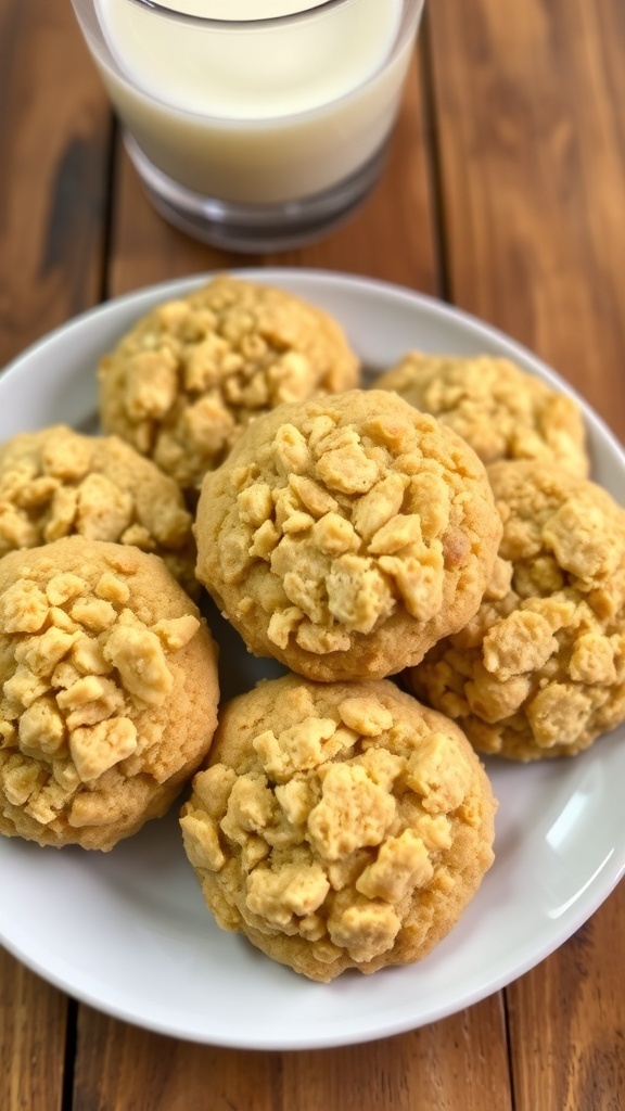 A plate of golden crumble cookies with a crumbly topping, served with a glass of milk on a wooden table.